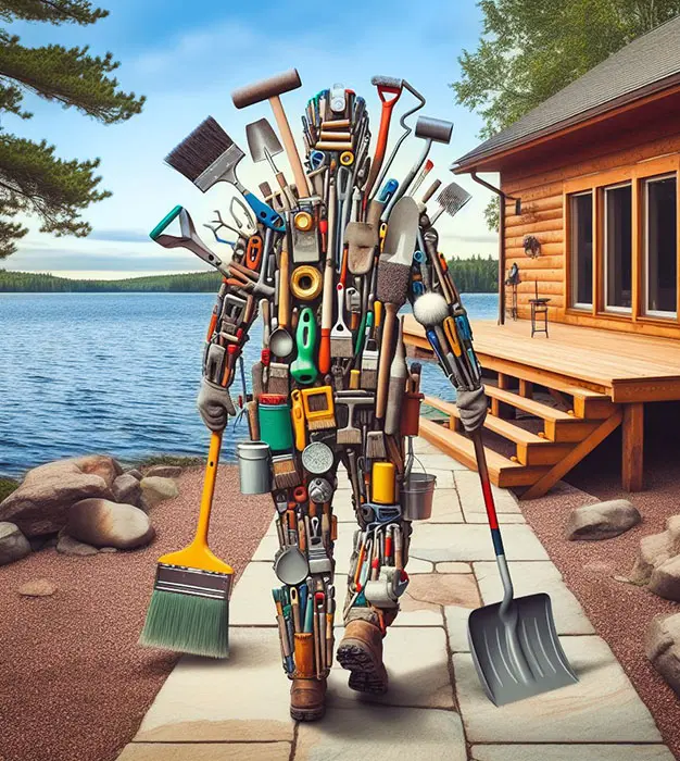 Man carrying tools down a flagstone path beside a log cabin on a lake